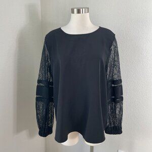 Calvin Klein Womens XL Black Top With Lace Long Sleeve Detail Blouse Top